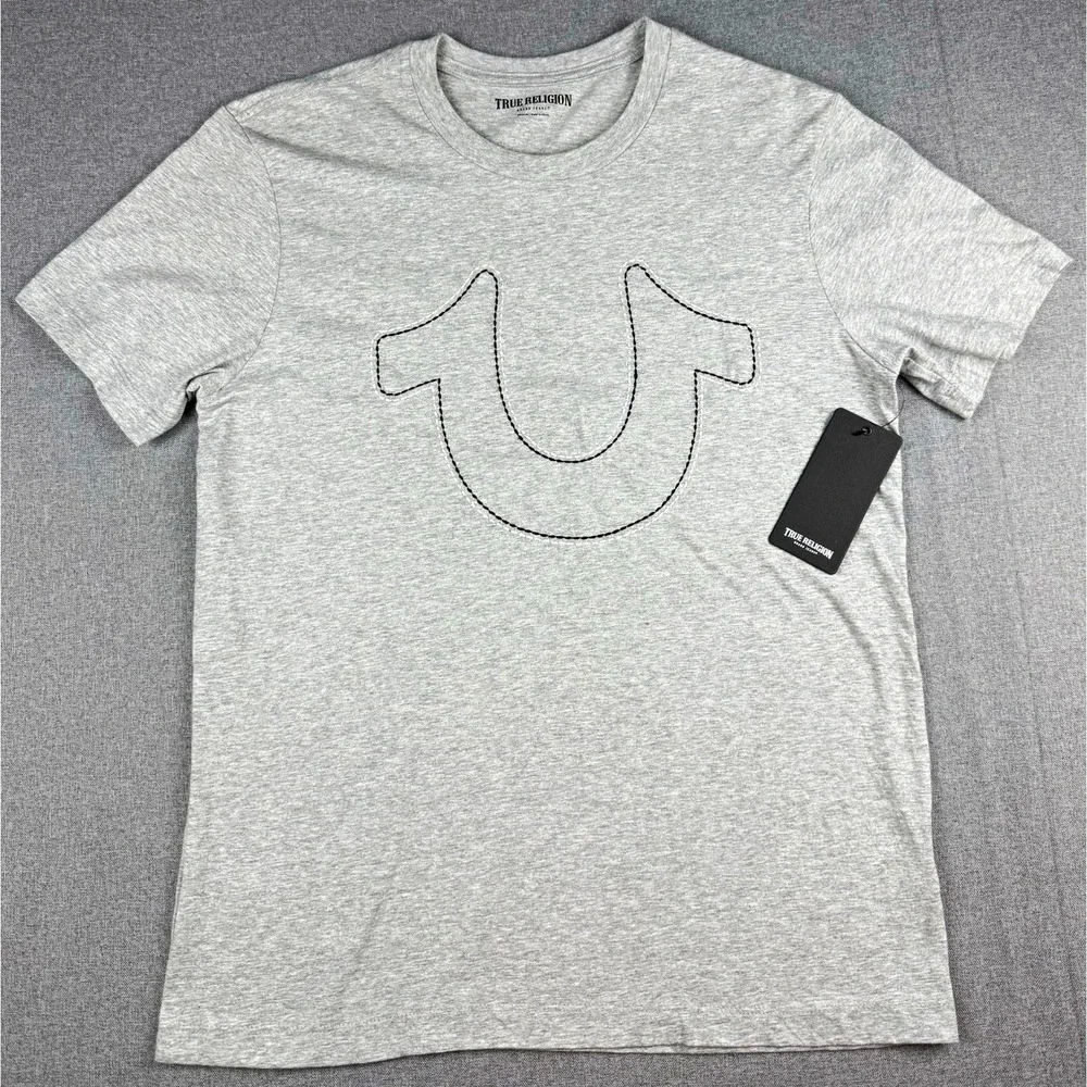 True Religion Double Stitch HS Tee Mens M Gray Logo Graphic Crew Neck Cotton